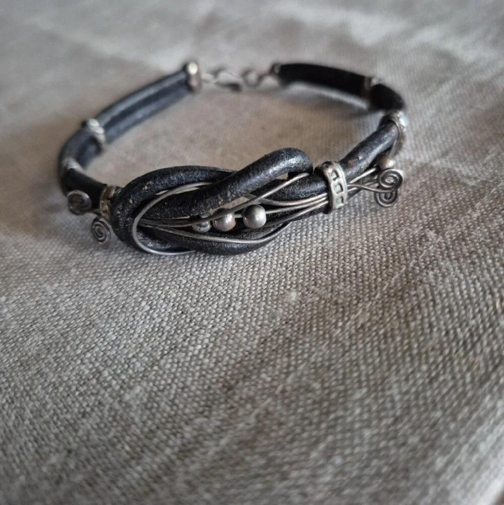 Black Leather and Silver Wire Wrap Unisex Bracelet